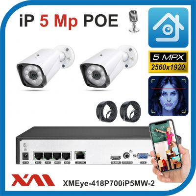 Xmeye-418P700iP5MW-2-POE. Комплект видеонаблюдения POE на 2 камеры с микрофоном, 5 Мегапикселей.
