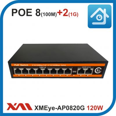 XMEye-AP0820G. 120W. Коммутатор POE на 8 портов (10/100M) + 2 uplink GIGABIT (1000M).