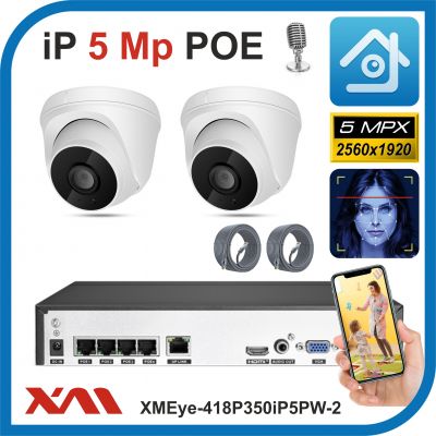Xmeye-418P350iP5PW-2-POE. Комплект видеонаблюдения POE на 2 камеры с микрофонами, 5 Мегапикселей.