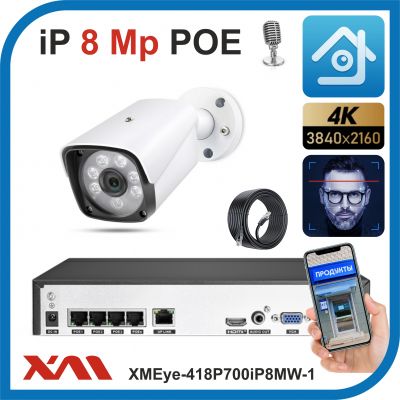 Xmeye-418P700iP8MW-1-POE. Комплект видеонаблюдения POE на 1 камеру с микрофоном, 8 Мегапикселей.