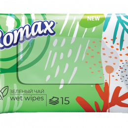 Влажные салфетки «ROMAX» , с ароматом зеленого чая, 15 шт.