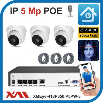 Xmeye-418P350iP5PW-3-POE. Комплект видеонаблюдения POE на 3 камеры с микрофонами, 5 Мегапикселей.