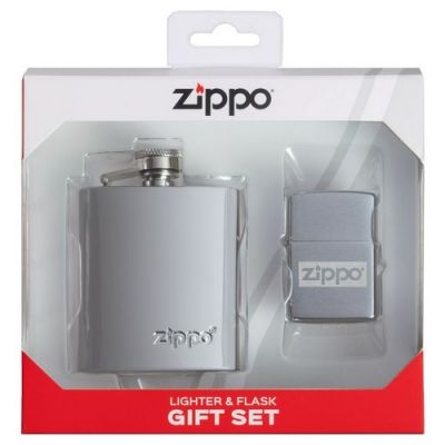 49358 Подарочный набор ZIPPO: фляжка 89 мл и ветроустойчивая зажигалка Brushed Chrome